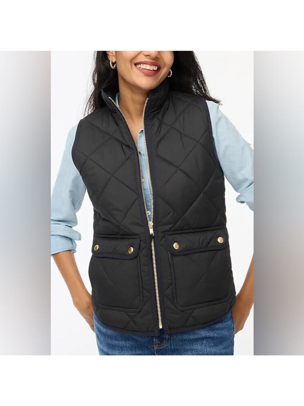 J. Crew Women's Black Quilted Puffer Vest Front Pockets Gold Preppy Basic AB467
